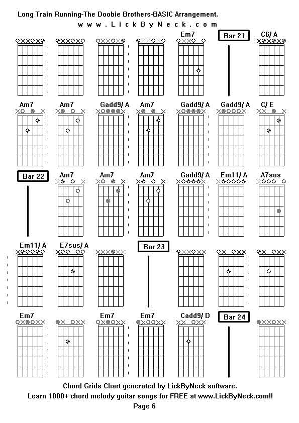 Chord Grids Chart of chord melody fingerstyle guitar song-Long Train Running-The Doobie Brothers-BASIC Arrangement,generated by LickByNeck software.